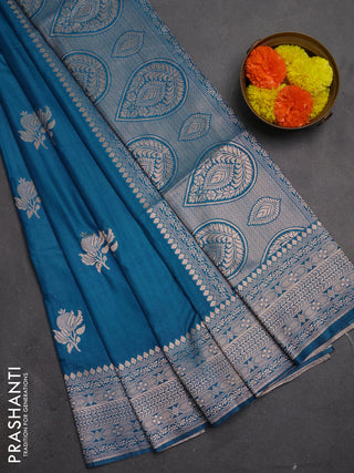Semi soft silk saree cs blue with zari woven buttas and zari woven border