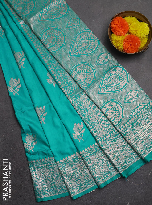Semi soft silk saree teal blue with zari woven buttas and zari woven border