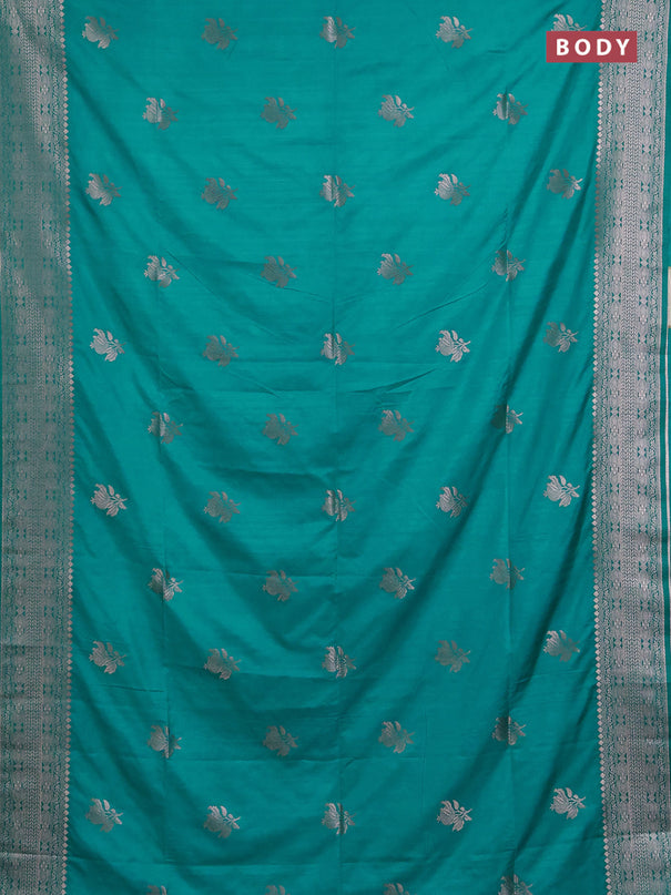 Semi soft silk saree teal blue with zari woven buttas and zari woven border