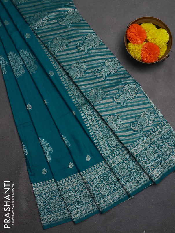 Semi soft silk saree teal blue with allover zari woven buttas and zari woven border