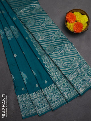 Semi soft silk saree teal blue with allover zari woven buttas and zari woven border