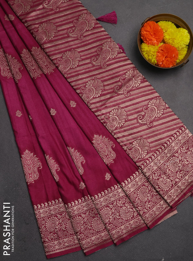 Semi soft silk saree dark magenta pink with allover zari woven buttas and zari woven border