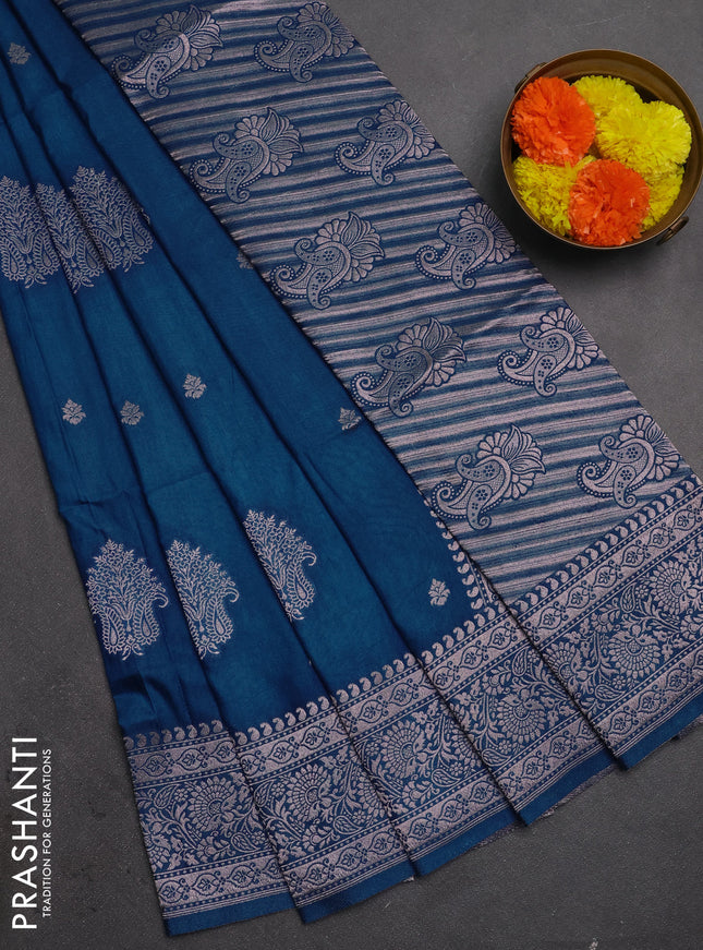 Semi soft silk saree peacock blue with allover zari woven buttas and zari woven border