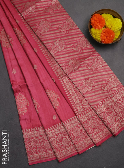 Semi soft silk saree dark peach with allover zari woven buttas and zari woven border