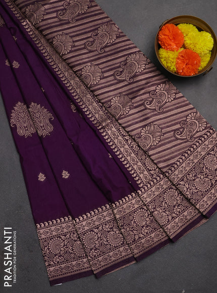 Semi soft silk saree deep purple with allover zari woven buttas and zari woven border
