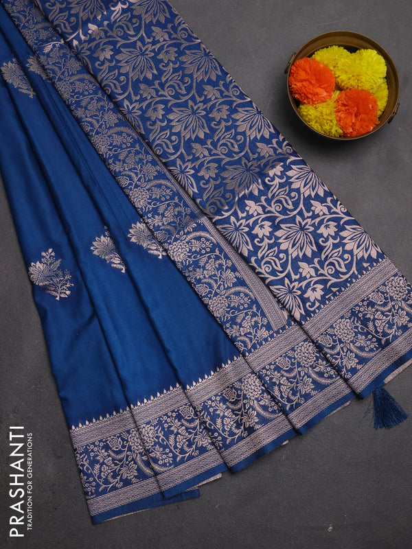 Semi soft silk saree peacock blue with floral zari woven buttas and zari woven border