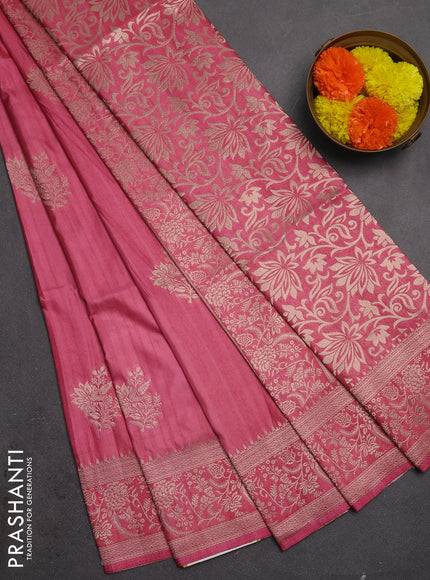 Semi soft silk saree dark peach pink with floral zari woven buttas and zari woven border