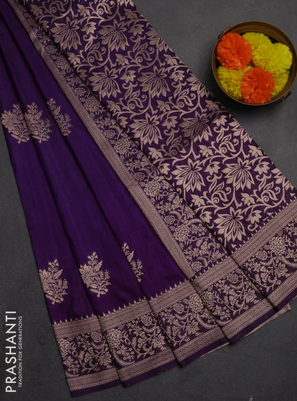 Semi soft silk saree deep purple with floral zari woven buttas and zari woven border