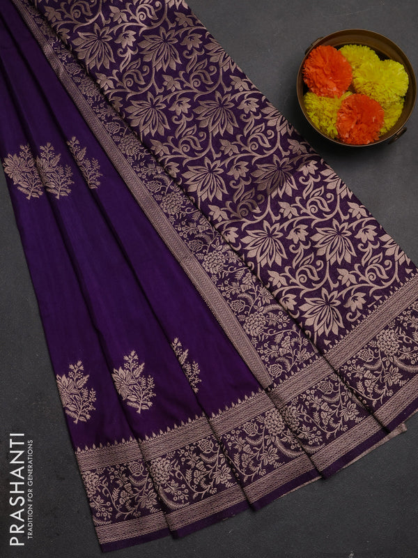 Semi soft silk saree deep purple with floral zari woven buttas and zari woven border