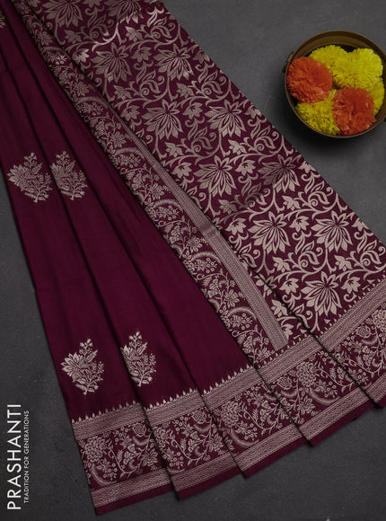 Semi soft silk saree deep maroon with floral zari woven buttas and zari woven border