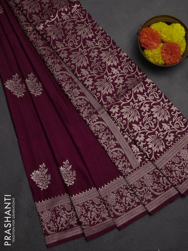 Semi soft silk saree deep maroon with floral zari woven buttas and zari woven border