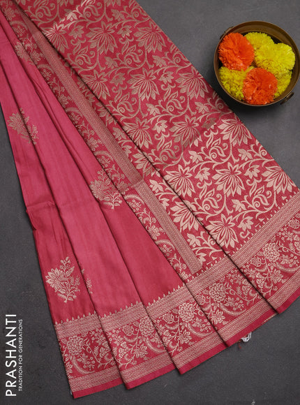 Semi soft silk saree dark peach pink with floral zari woven buttas and zari woven border