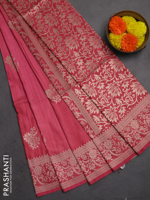 Semi soft silk saree dark peach pink with floral zari woven buttas and zari woven border