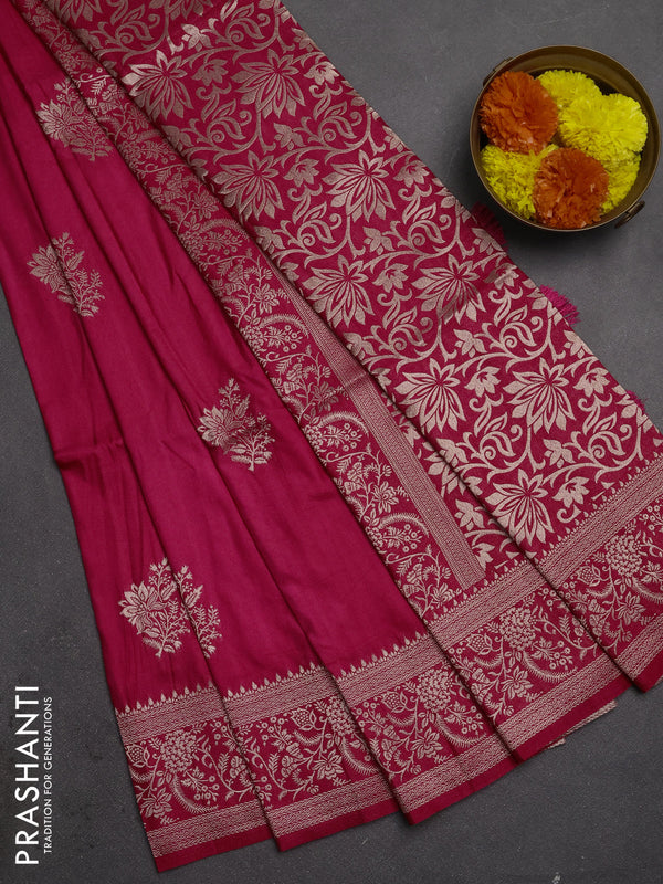 Semi soft silk saree pink with floral zari woven buttas and zari woven border