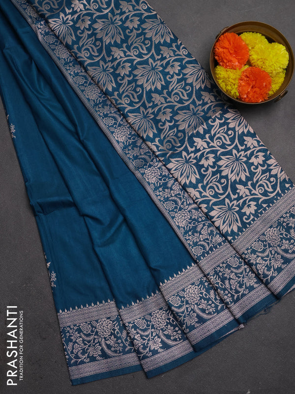 Semi soft silk saree cs blue with floral zari woven buttas and zari woven border