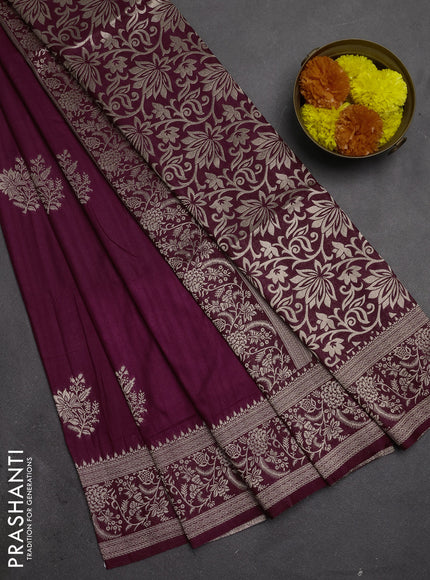 Semi soft silk saree wine shade with floral zari woven buttas and zari woven border