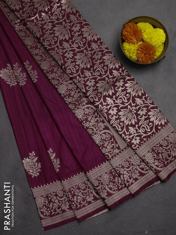 Semi soft silk saree wine shade with floral zari woven buttas and zari woven border