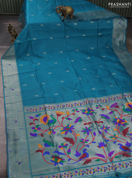 Semi paithani saree peacock green with zari woven buttas and paithani pallu