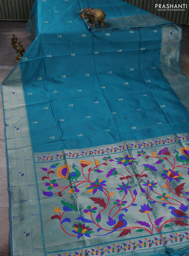 Semi paithani saree peacock green with zari woven buttas and paithani pallu