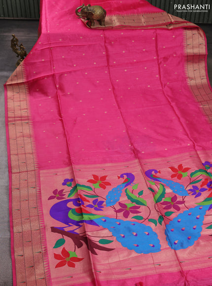 Semi paithani saree pink with allover zari woven buttas and peacock design paithani pallu