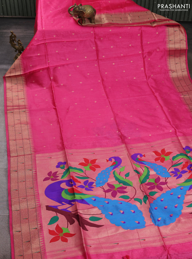 Semi paithani saree pink with allover zari woven buttas and peacock design paithani pallu