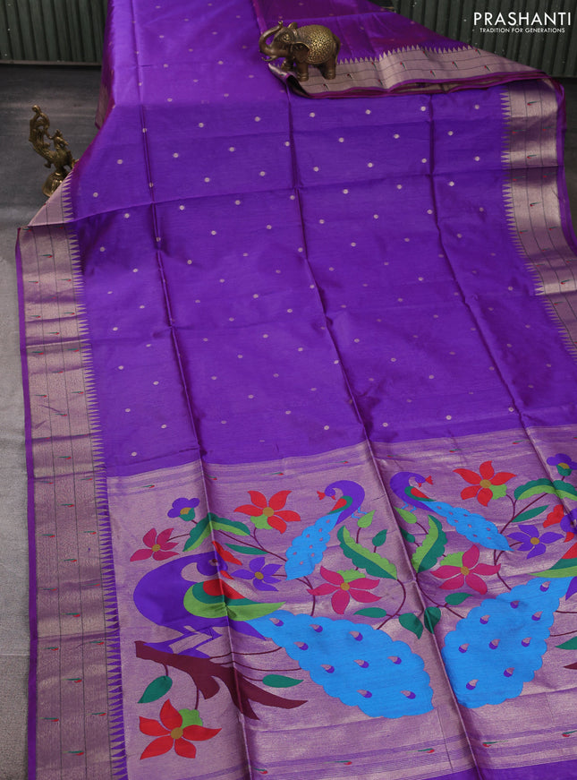 Semi paithani saree dual shade of purple with allover zari woven buttas and peacock design paithani pallu