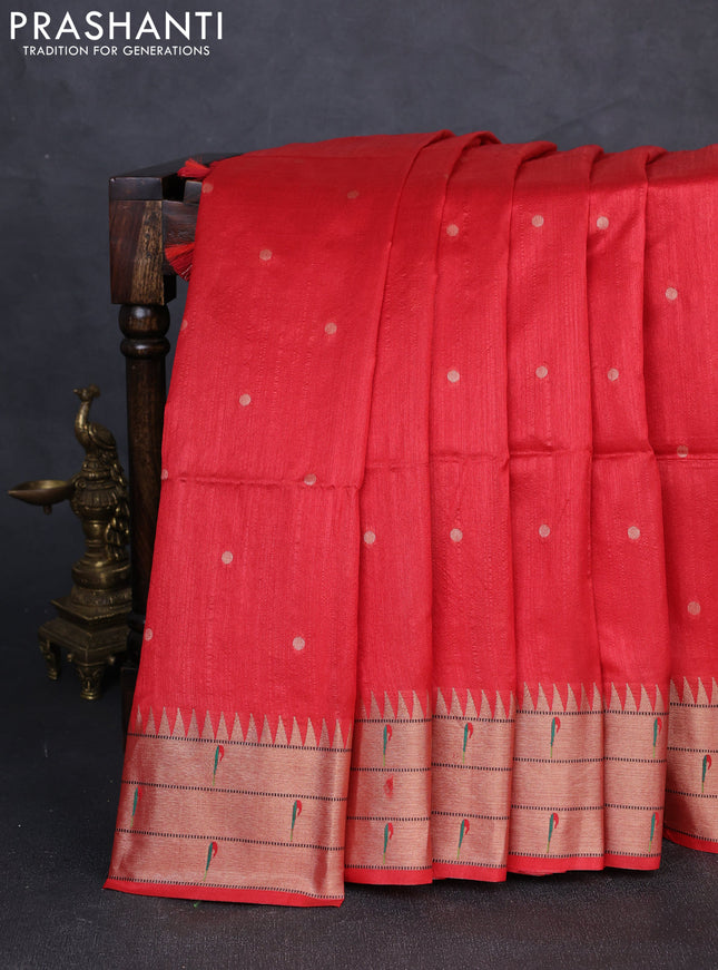 Semi paithani saree red with allover zari woven buttas and peacock design paithani pallu
