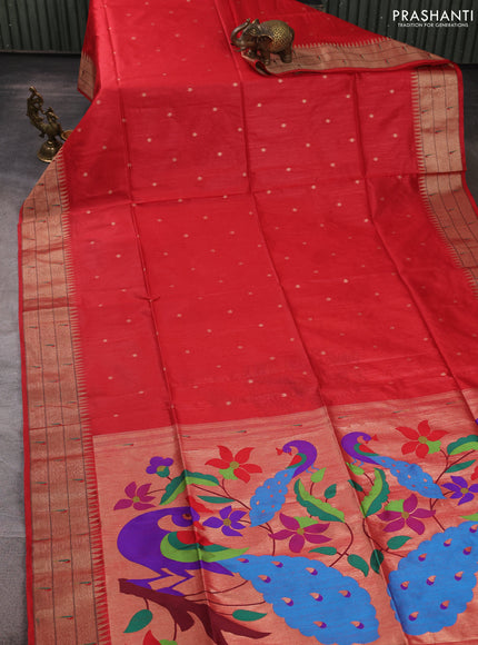 Semi paithani saree red with allover zari woven buttas and peacock design paithani pallu