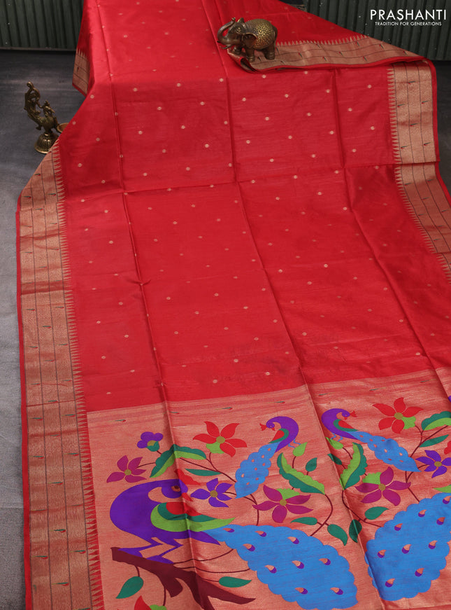 Semi paithani saree red with allover zari woven buttas and peacock design paithani pallu