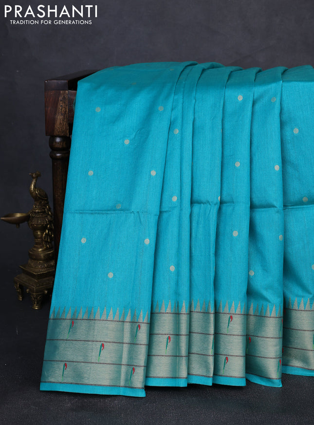 Semi paithani saree teal green with allover zari woven buttas and peacock design paithani pallu