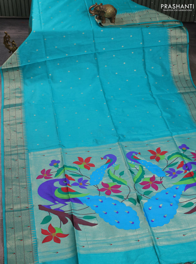 Semi paithani saree teal green with allover zari woven buttas and peacock design paithani pallu
