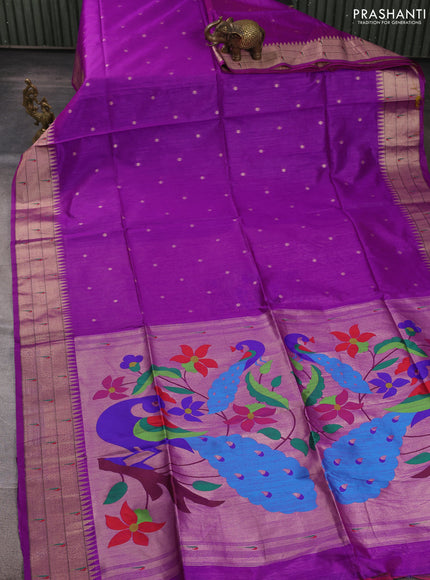 Semi paithani saree purple with allover zari woven buttas and peacock design paithani pallu