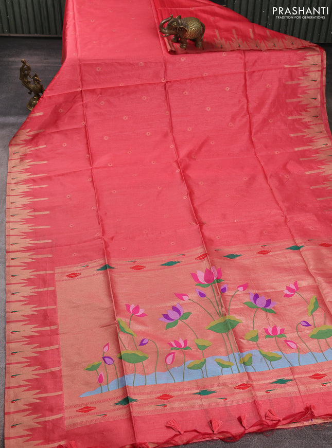Semi paithani saree peach shade with allover zari woven buttas and paithani pallu