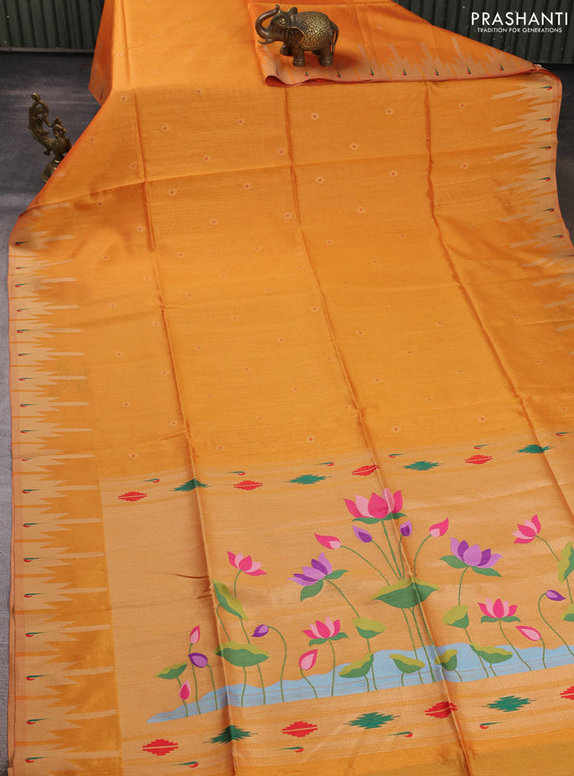 Semi paithani saree sunset orange with allover zari woven buttas and paithani pallu