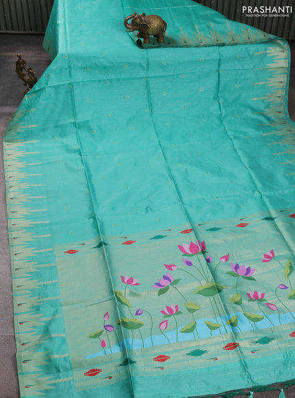 Semi paithani saree teal green with allover zari woven buttas and paithani pallu