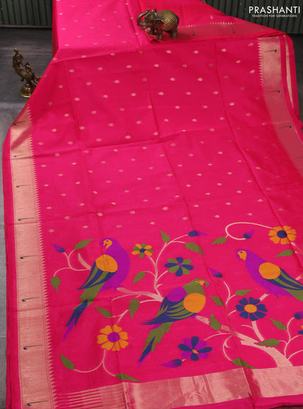 Semi paithani saree pink with allover zari woven buttas and parrot design paithani pallu