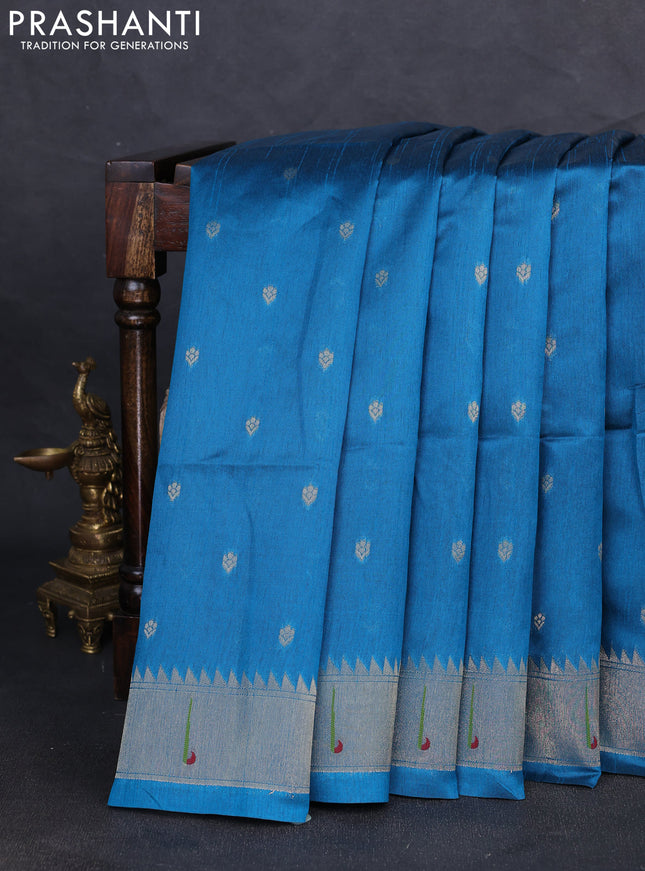 Semi paithani saree peacock blue with allover zari woven buttas and parrot design paithani pallu