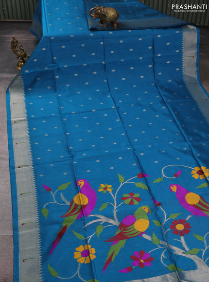 Semi paithani saree peacock blue with allover zari woven buttas and parrot design paithani pallu
