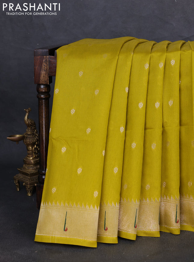 Semi paithani saree mustard green with allover zari woven buttas and parrot design paithani pallu