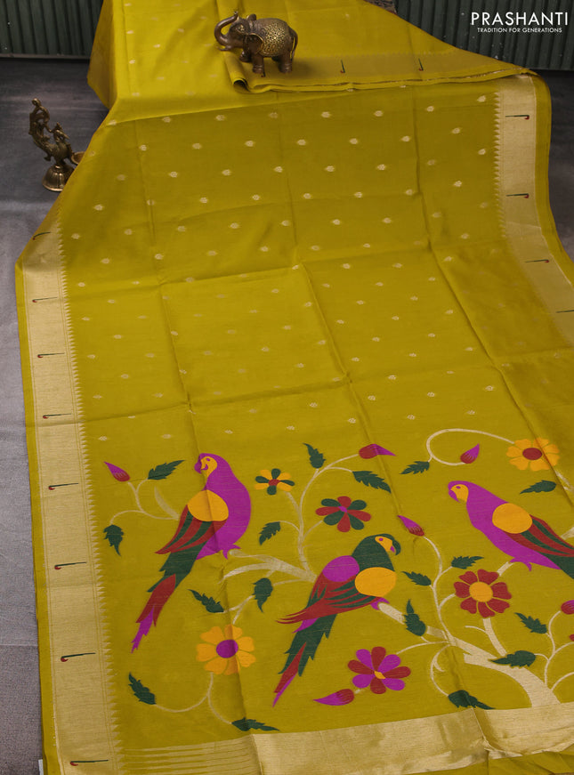 Semi paithani saree mustard green with allover zari woven buttas and parrot design paithani pallu