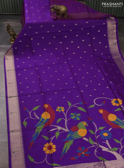 Semi paithani saree purple with allover zari woven buttas and parrot design paithani pallu