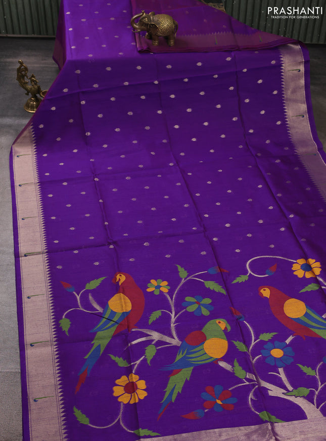 Semi paithani saree purple with allover zari woven buttas and parrot design paithani pallu