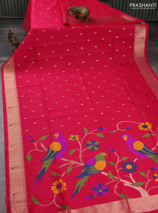 Semi paithani saree pink with allover zari woven buttas and parrot design paithani pallu