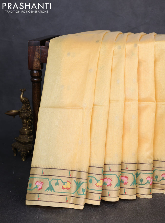Semi paithani saree pale yellow with allover zari woven buttas and paithani pallu