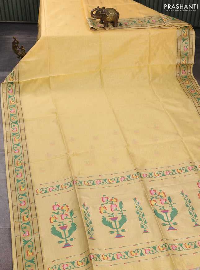 Semi paithani saree pale yellow with allover zari woven buttas and paithani pallu