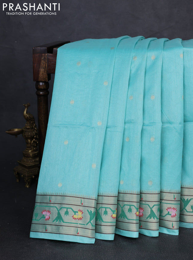 Semi paithani saree teal blue with allover zari woven buttas and paithani pallu