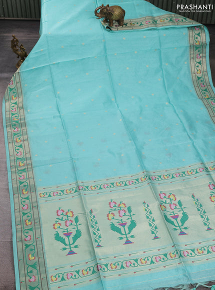 Semi paithani saree teal blue with allover zari woven buttas and paithani pallu