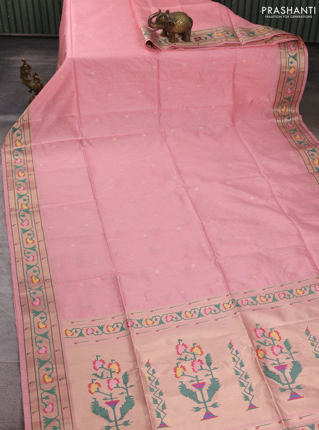 Semi paithani saree peach pink with allover zari woven buttas and paithani pallu