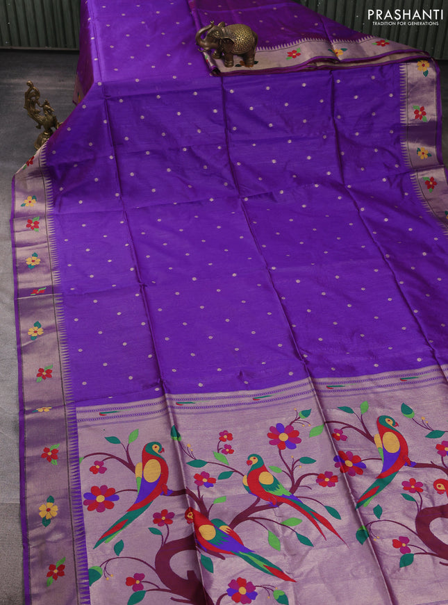 Semi paithani saree dual shade of violet with allover zari woven buttas and parrot design paithani pallu