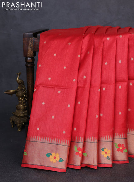 Semi paithani saree red with allover zari woven buttas and parrot design paithani pallu